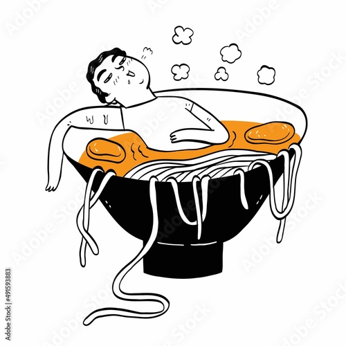 Man sleeping in a cup of udon
