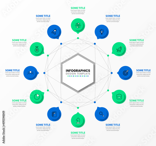Infographic template with icons and 12 options or steps. Hexagon photo