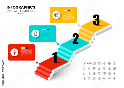 Infographic template with icons and 3 options or steps. Staircase photo