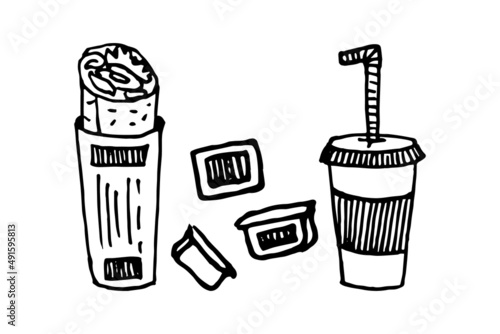 Doodle illustration of burrito, sauces and drink