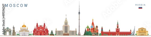Popular touristic architectural buildings in Moscow. Monument buildings vector illustration. Russia