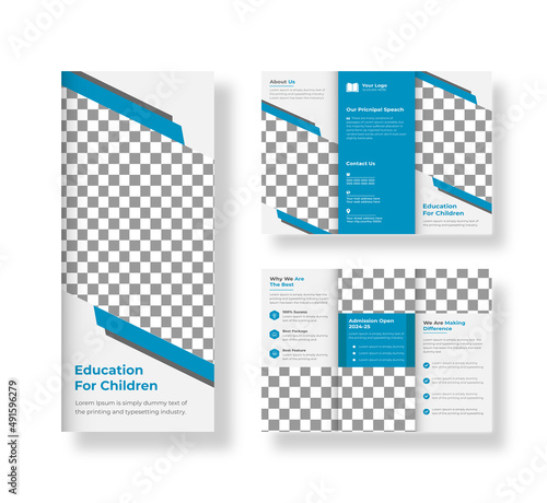 Kids admission school modern trifold brochure design template with creative shape. 
