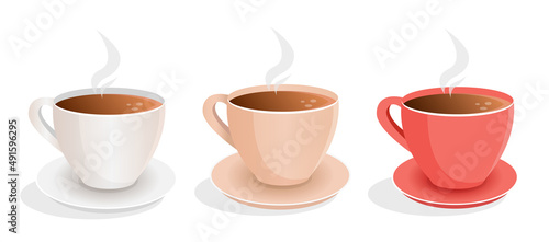 Set of cups of fresh coffee, tea on an isolated background. Design for logo, icon, banner, poster, postcard, cafe, restaurant. Flat vector illustration