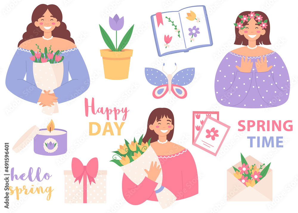 Spring collection with girls holding flowers. Spring time. Flat vector illustration isolated on white background. Spring collection with girls holding flowers. Spring time. Flat vector illustration isolated on white background.