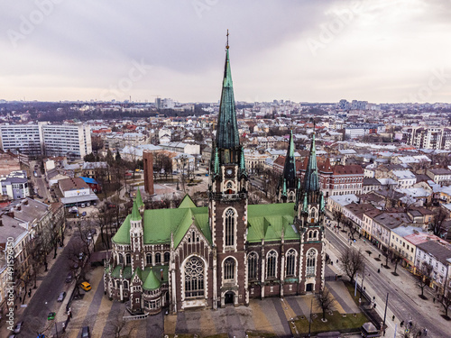 Aerial view of Church of Sts. Olha and Elizabeth, Lviv