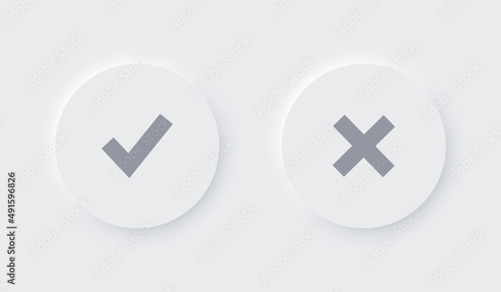 Check Mark and cross in neumorphic style. UI design for Apps, Websites, Interfaces, Social Media. Vector EPS 10. Check Mark and cross in neumorphic style. UI design for Apps, Websites, Interfaces, Social Media. Vector EPS 10.