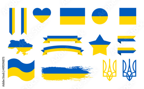 Set of elements with Ukrainian flag: ribbons, tryzub, flag, round, star, heart, square, rectangle, map. Vector illustration