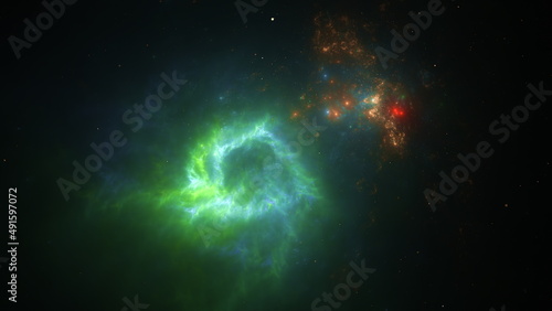 Panorama Space scene with planets, stars and galaxies. Banner template. Many Nebulae and galaxies in space, many light years away. Deep Universe. Large-scale structure 3D rendered