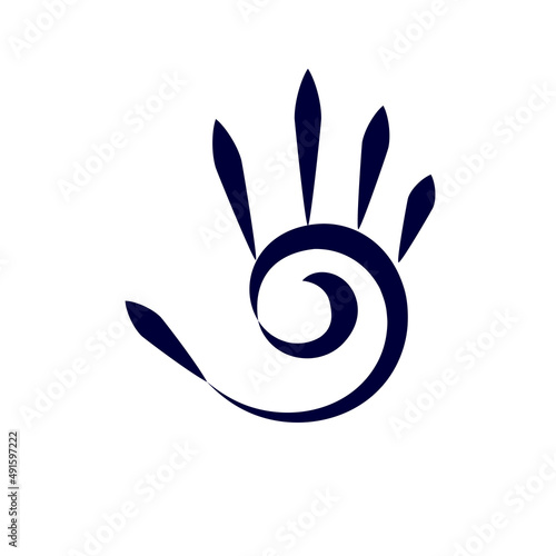 Icon of Abstract Simple Hand with Five Fingers, and Spiral Design Element on White Background