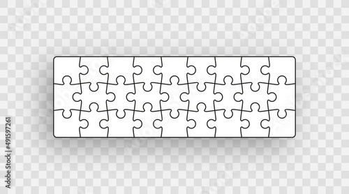 Puzzle pieces set. Jigsaw outline grid. Modern background with separate shapes. Scheme of thinking game. Cutting template with 27 details. Simple mosaic frame tiles. Vector illustration.