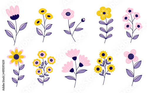 A set of spring flowers  plants and leaves in the style of doodle  cartoon. Isolated on a white background.