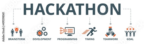 Hackathon banner web icon vector illustration concept for design sprint-like social coding event with icon of brainstorm, development, programming, timing, speed, teamwork, and goal