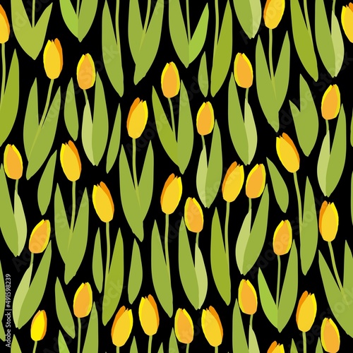 Seamless vintage pattern. Yellow tulips flowers, green leaves. Black background. vector texture. fashionable print for textiles, wallpaper and packaging.