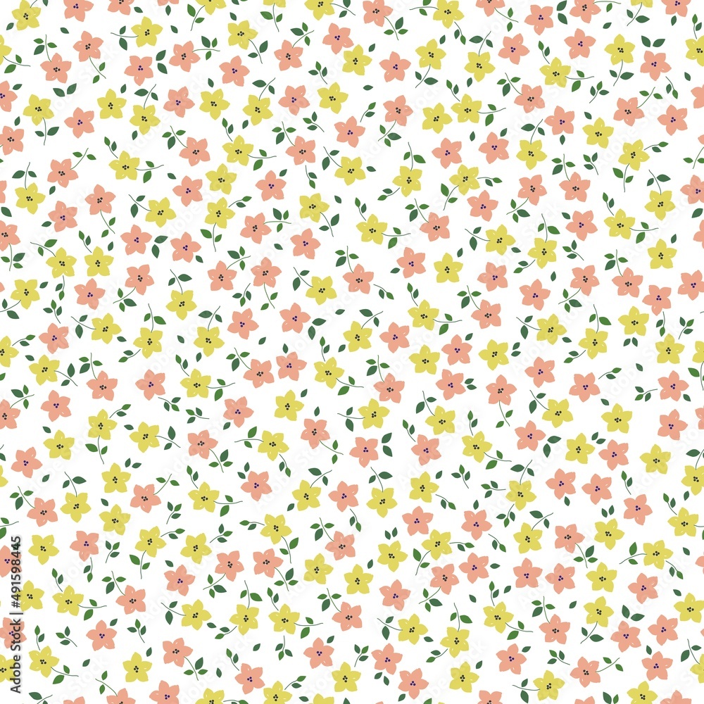Seamless vintage pattern. Small pink and yellow  flowers, green leaves.  White background. vector texture. fashionable print for textiles, wallpaper and packaging.