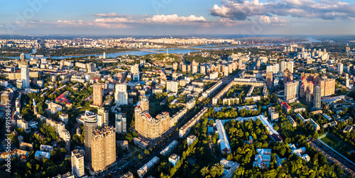 Aerial view of Pechersk  a central neighborhood of Kyiv  the capital of Ukraine before the war with Russia