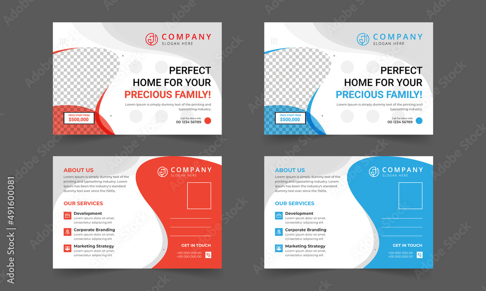 Real estate post card design. Creative corporate business modern postcards design template. Elegant postcard design, marketing postcard design, business postcard design. Post card design template