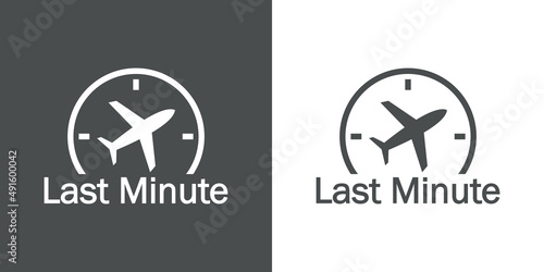 Logotipo con texto Last Minute y silueta de avión en esfera de reloj simple en fondo gris y fondo blanco