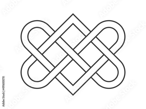 Celtic love knot line icon. Old ornament symbolizing love. Two interlocking hearts. Eternal unity sign. Infinity idea. Intertwined ropes. Endless connection. Sacred geometry. Vector illustration, flat