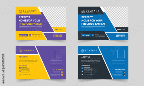 Real estate post card design. Creative corporate business modern postcards design template. Elegant postcard design, marketing postcard design, business postcard design. Post card design template