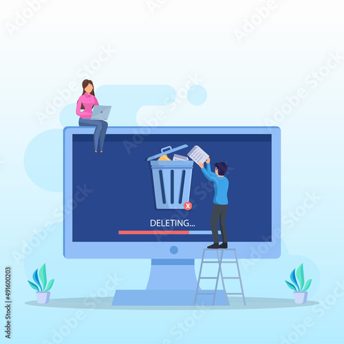 Delete concept. deleting data and move unnecessary files to the trash bin. illustration vector