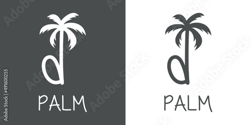 Logotipo texto Palm con letra d en tipografía con forma de silueta de palmera en fondo gris y fondo blanco