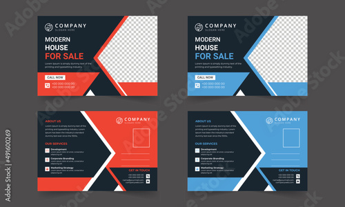 Post card design template. Postcard real estate, business postcards, postcard template, post card, postcard layout. Postcards design template