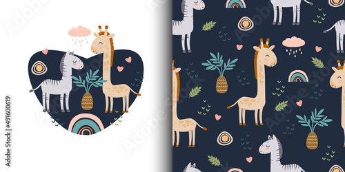 A set of illustrations. Seamless patterns with cute giraffes and zebras.Pattern with animals of Africa. Children's jewelry and textiles. Vector drawing
Web
