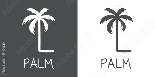 Logotipo texto Palm con letra L en tipografía con forma de silueta de palmera en fondo gris y fondo blanco