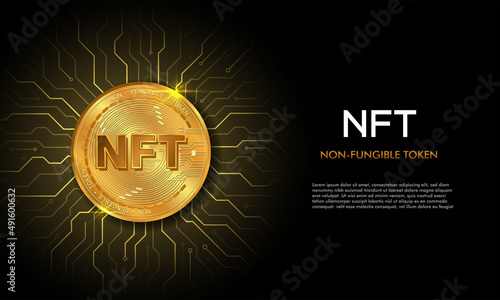 Non fungible token NFT.Technology background with circuit.NFT logo.Crypto currency concept.