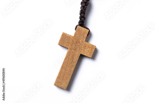 Rosary catholic cross isolated on white background photo