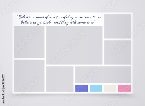 Moodboard grid. Collage template. Mood board background. Mosaic frames. Photomontage pictures. Presentation layout. Poster design with colour palette and quote. Horizontal mockup. Vector illustration