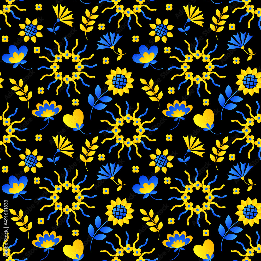 Seamless pattern in the Ukrainian style on a black background. Ukrainian traditions.