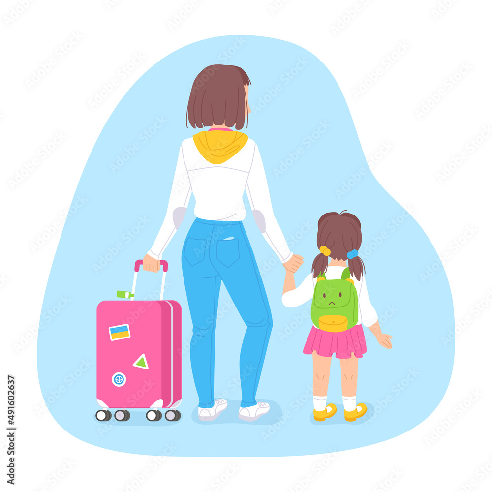 Ukrainian refugee concept. Woman with a child walking with suitcase. War migration people illustration in cartoon style. Ukrainian refugee concept. Woman with a child walking with suitcase. War migration people illustration in cartoon style.