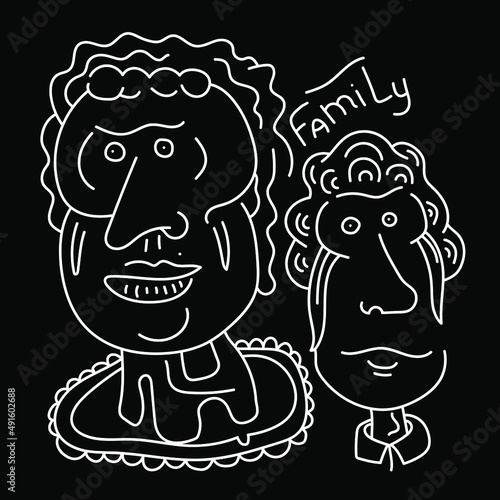 Vector line artwork with hand drawn funny characters family