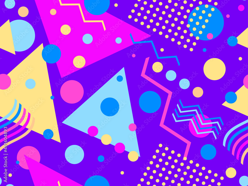 Memphis seamless pattern with geometric shapes in 80s style. Abstract colorful background design for brochures, banners and promotional items. Vector illustration