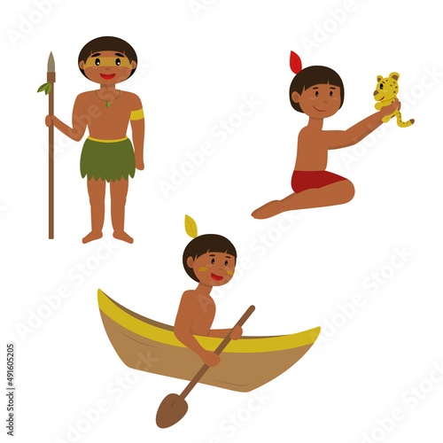 Indios nativos brasileiros -  ilustração vetorial. Indios com flecha, canoa e onça pintada. photo
