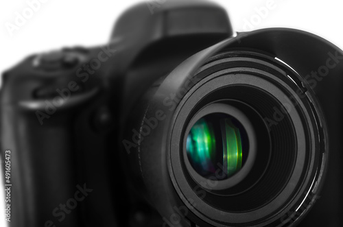 Black digital camera isolated on white background with clipping path