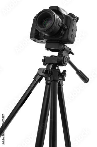 Photo camera on tripod isolated at white background