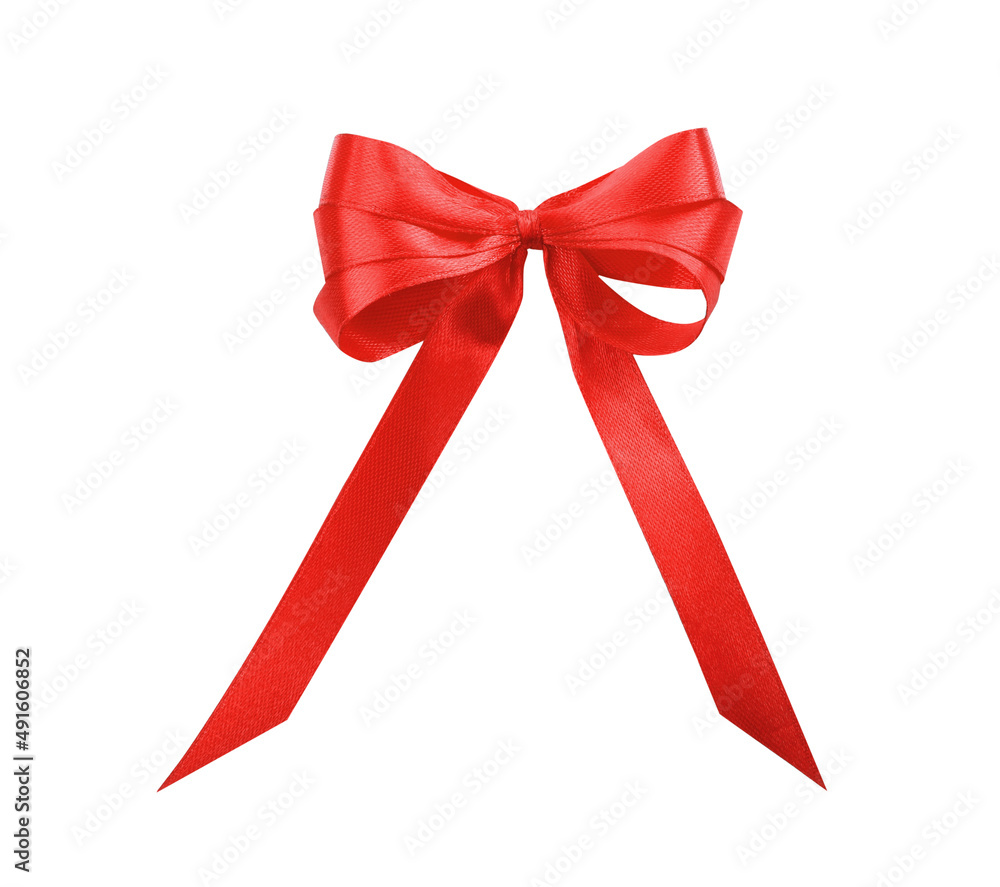 Beautiful red ribbon tied in bow isolated on white, top view Beautiful red ribbon tied in bow isolated on white, top view