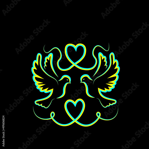The concept of peace in Ukraine, a peaceful state. Outlines of the flag of Ukraine doves and hearts