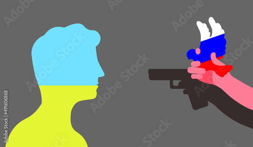 Russia's invasion of Ukraine, with the destruction under the pretext of peace. The face in the color of the flag of Ukraine, in which the flag of Russia and the shadow of a hand with a pistol are poke