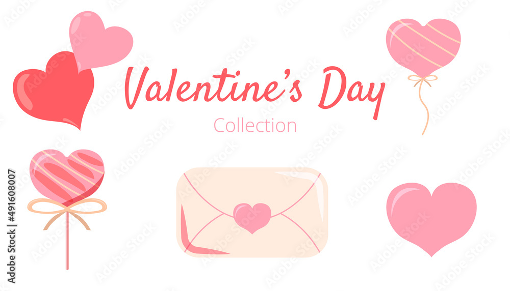 Valentine's day quotes elements set. Valentines day set, love symbol objects and cute lettering. Sticker cartoon style. Vector illustration.