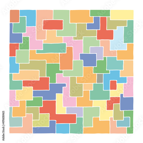 Rectangles and squares of different shapes and colors overlap to form a background, texture, pattern. It looks like stained glass. Freehand drawing. Hand Draw.