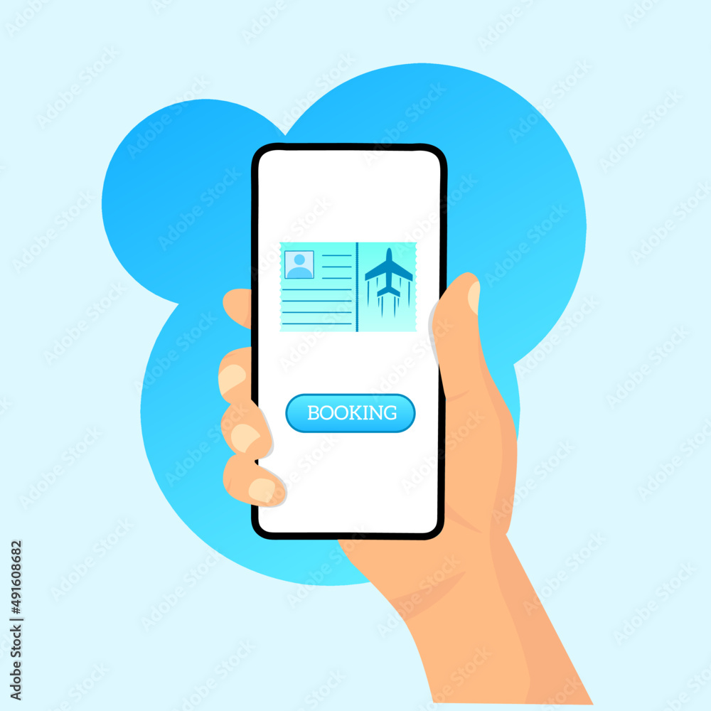 Illustration vector graphics flat design of hands holding smartphone with flight tickets booking on screen, perfect for mobile application concept Illustration vector graphics flat design of hands holding smartphone with flight tickets booking on screen, perfect for mobile application concept