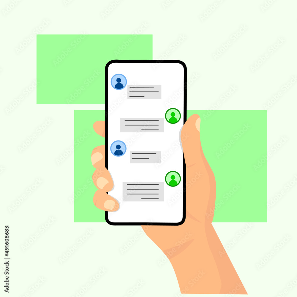 Illustration vector graphics flat design of, hands holding smartphone with chating friend on screen, perfect for mobile application concept Illustration vector graphics flat design of, hands holding smartphone with chating friend on screen, perfect for mobile application concept