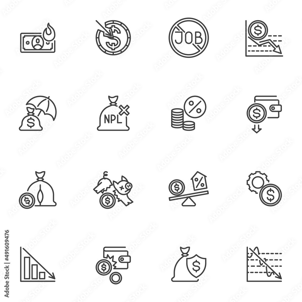 Financial crisis line icons set Financial crisis line icons set