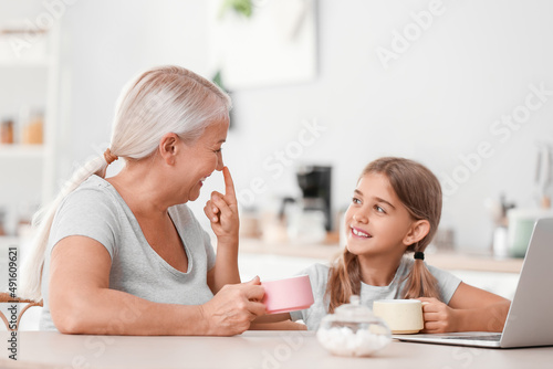 Little girl touching her grandmother's nose in kitchen