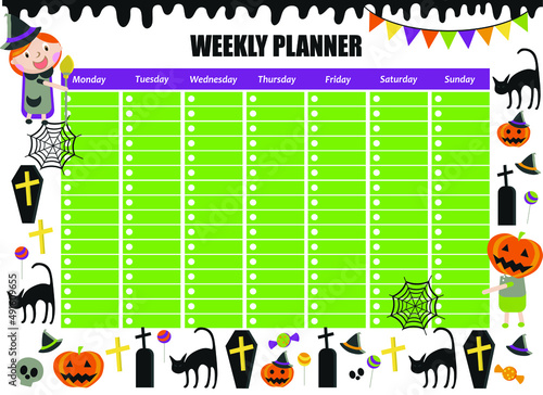 Weekly planner in cartoon style. Halloween. Kids schedule design template