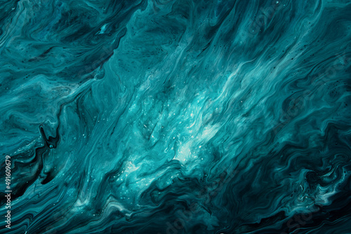 Fluid Art. Liquid dark turquoise abstract drips and wave. Marble effect background or texture