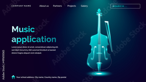 Music application landing page with cello icon in hologram style 